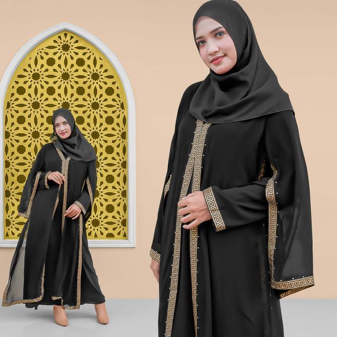 Abaya Gamis Hitam Turkey Bordir Bahan Jetblack Kombinasi Sifon Premium Muslim Turki Wanita Arab Dres