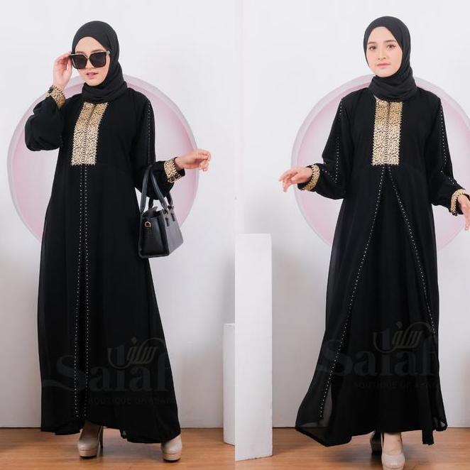 Abaya Gamis Dubai 255 Hitam Bahan Jetblack Kombinasi Dress Sifon Muslim Wanita Turki  Syari  Bordir 