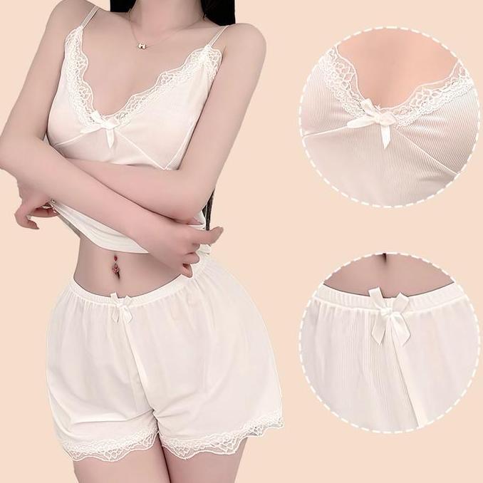 Kakeface34 - Bikinique Set Piyama Wanita Imut Seksi Tanktop Celana Pendek Lembut Korea Style