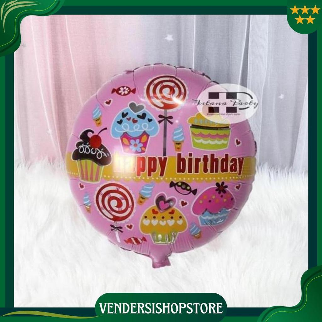Balon Foil Bulat Cupcake / Balon Foil Happy Birthday Motif Cupcake Ip Promo