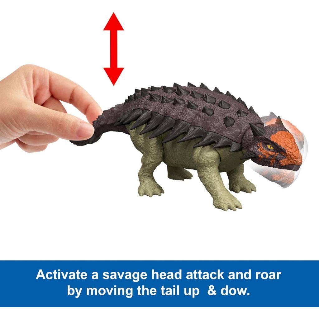 Mattel Jurassic World Rebirth Wild Roar Dinosaur Toy, Posable Ankylosaurus Figure, Tail Controlled