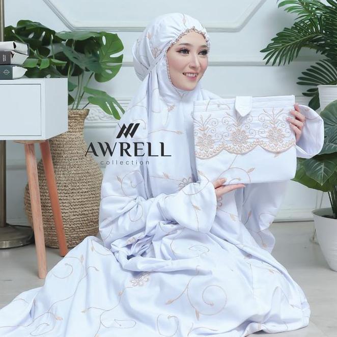 Mukena Terusan Katun Bordir Bunga Teratai Putih