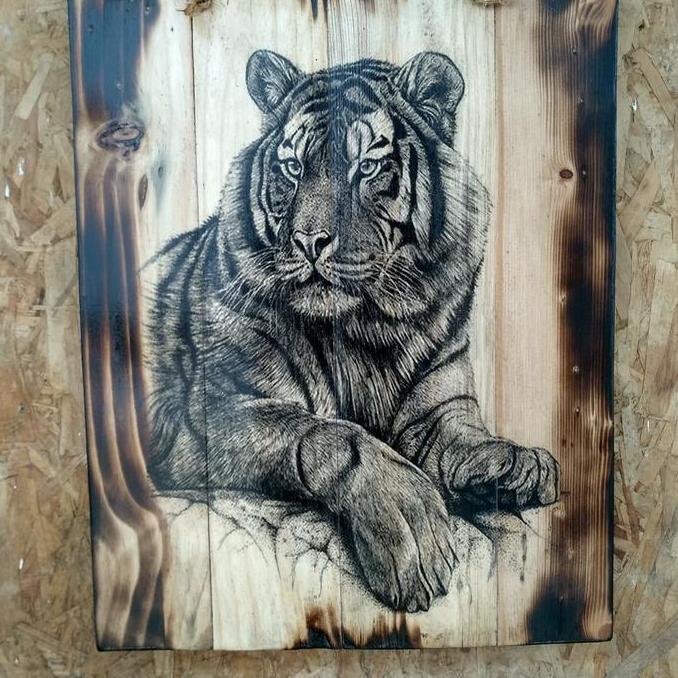 Lukisan Kayu Tiger Macan Jatibelanda Bakar Hiasan Dinding Ruang Tamu