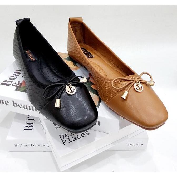 Bolencia Sepatu flat F-223 import SIze 41-44 Black Karet panses slip wanita jumbo414243 flat shoes s