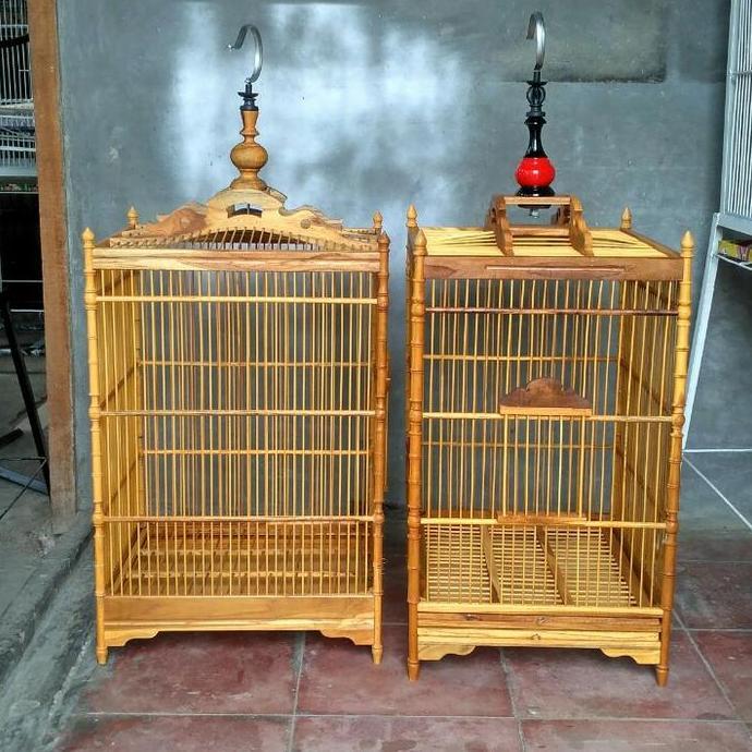 Kandang burung kotak NO 2 kayu jati komplit tangkringan makan dan minu