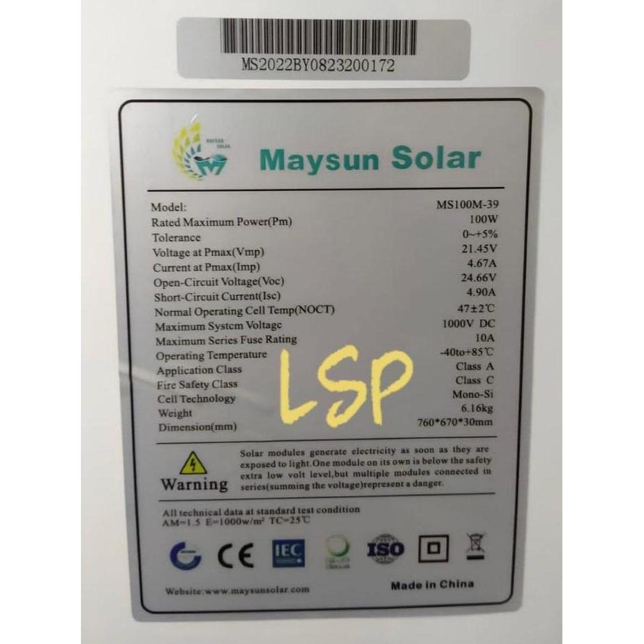 Solar Panel Mono Maysun Solar 100WP / PV Mono 100WP Maysun Solar MS