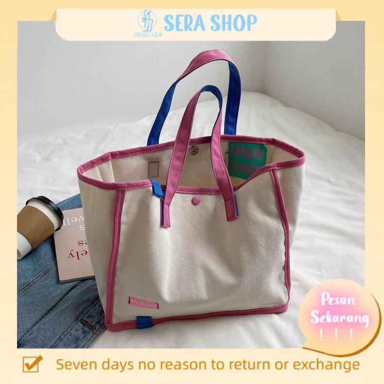 Ready Fashion Tas Canvas Besar Tas Ungu Tas Korea Tas WarnaSera Bag Tas Kanvas Kontras Warna Musim P