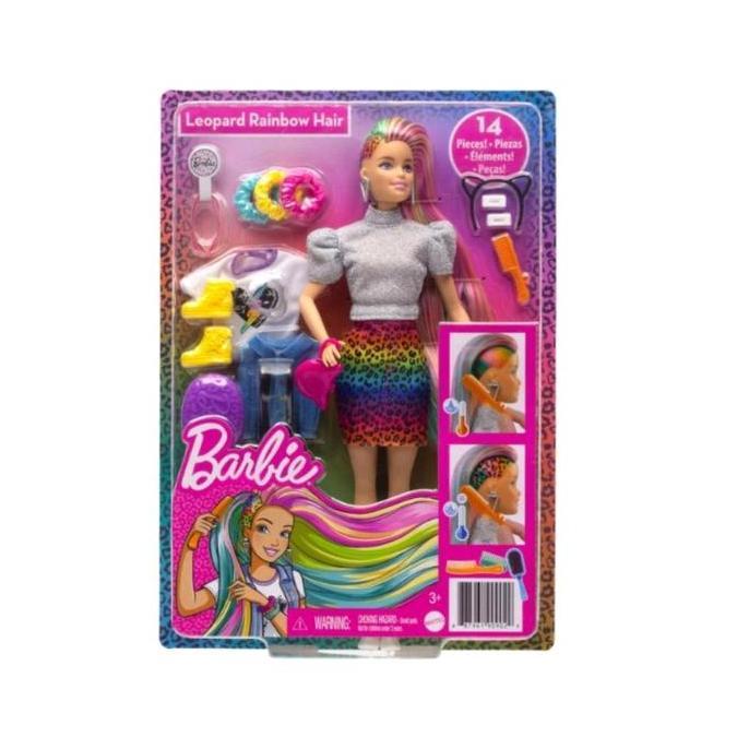 Boneka Barbie Leopard Rainbow Hair Doll With Color - Rambut Pelangi