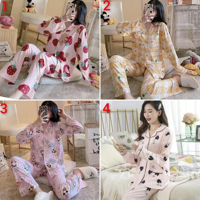 Promo Setelan pp piyama kancing bahan spandek premium Baju Celana Panjang  Motif Diskon