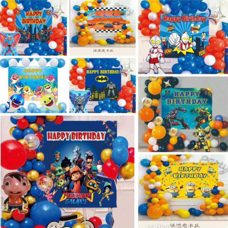 Paket backdrop balon ready stock karakter roblox/pororo/hothweels/pokemon/boboiboy/avengers/shark/tr