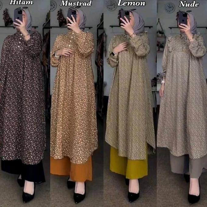 Stelan Tunik Tania Motif Bunga Bintik Longset Tunik Jumbo