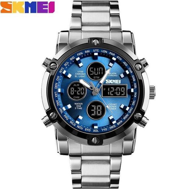 Jam Tangan Pria Digital Skmei 1389 Silverblue Water Resistant 30M
