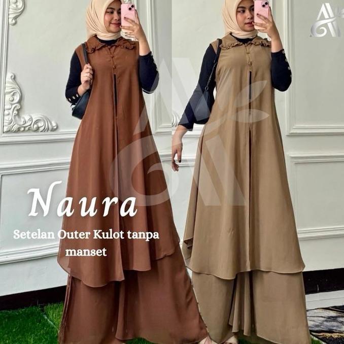 NAURA ONE SET Tanpa Manset, Ceruty Baby Doll Higth Quality Setelan Outer dan Kulot Polos Baju Muslim
