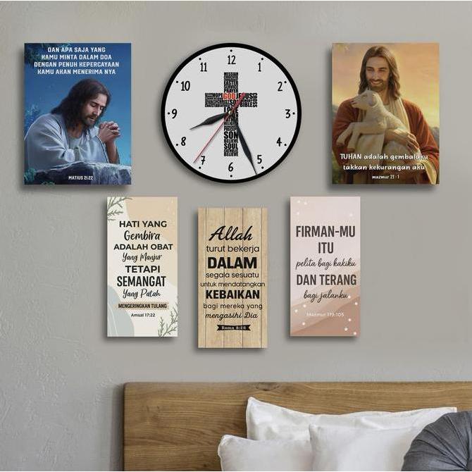 Hiasan dinding kayu + 5 pcs Hiasan dinding Yesus Kristen ayat alkitab