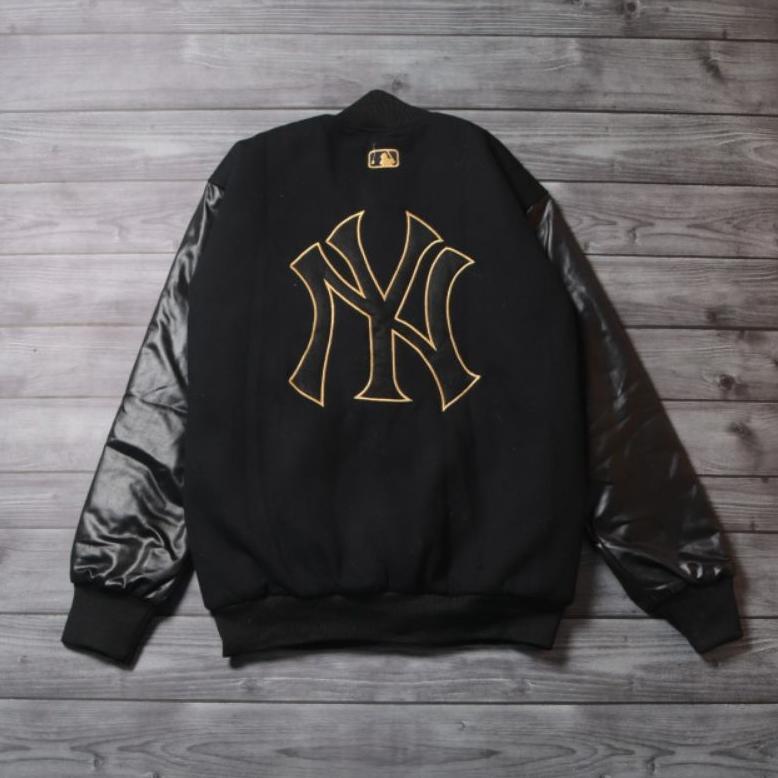 JAKET BASEBALL VARSITY MLB NY LOGO FULL BORDIR GOLD - JAKET VARSITY NEW YORK YANKEES MLB LOGO NY BOR