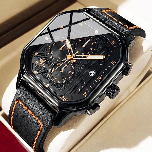 Olevs Jam Tangan Pria Anti Air Kulit Tahan Keren Led Hitam Coklat Luxury Chronograph Men Watches Mul
