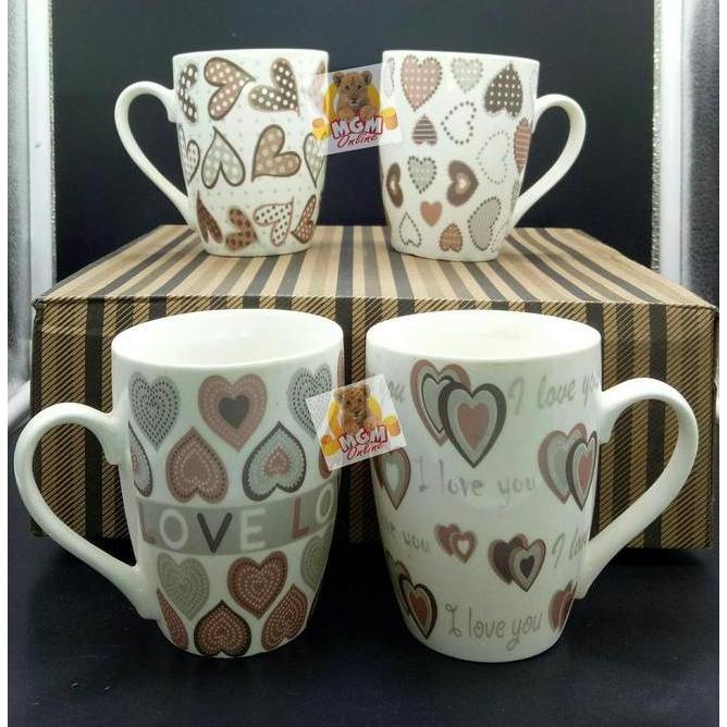 Mug Keramik Motif Set 4 Mug Kopi Mug Love Mug Kembang Mug Unik