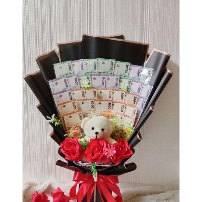 Dindaseller6 - Buket Uang Asli Hadiah Wisuda Wedding Ultah Plus Bunga Snack