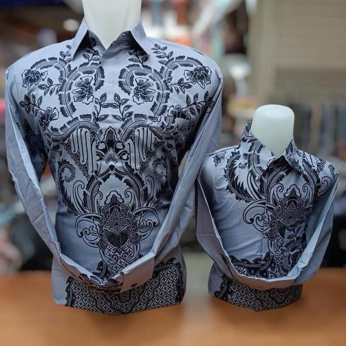 DV183 - PILIHAN ELEGAN Batik Couple Katun Premium Abu Muda Ayah dan Anak Motif Etnik Baju Batik Kelu