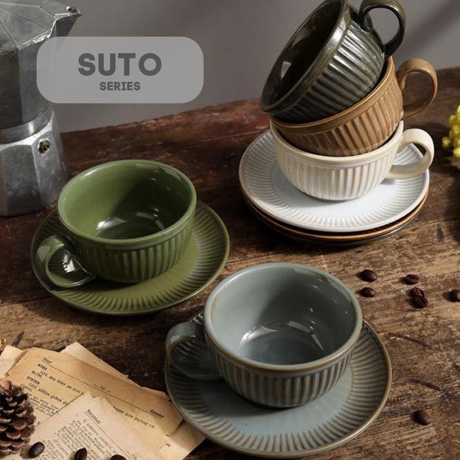 Hof Suto Cangkir Keramik Dengan Piring Gelas Kecil Mug Kopi Teh Cafe Kramik Unik Aesthetic