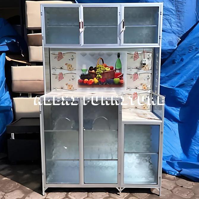 Zifarah1- Lemari Rak Piring Aluminium 3 Pintu Undak dengan Kaca Modern