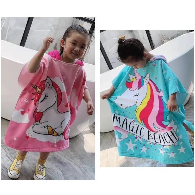 Handuk Renang Microfiber Anak Perempuan Handuk Ponco+Tas Unicorn