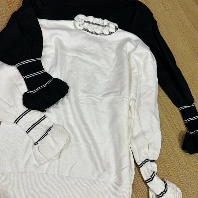 New- Atasan wanita rajut list putih lengan balon polos santai TF044