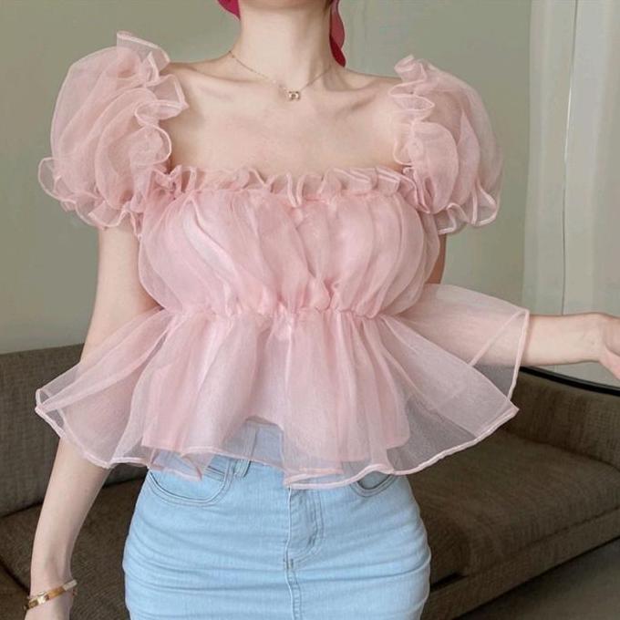 New- Atasan Top Sabrina Korea Style Lengan Pendek / Pakaian Wanita Lengan Pendek Kerut Kaca Organza 