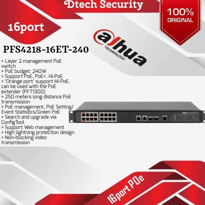 Dahua Switch Poe 16Port PFS-4218-16et-240 / Hub Poe Dahua 16 port