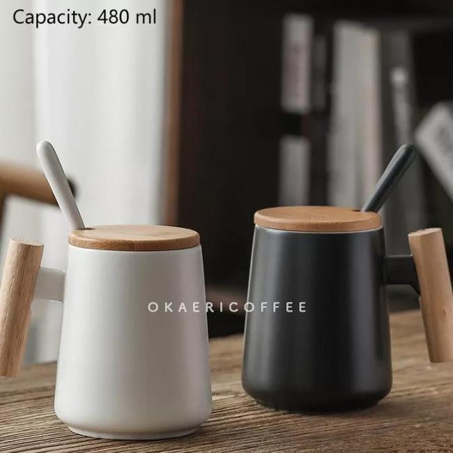 Ceramic Mug Wood Lid 480Ml Gelas Kopi Keramik Tutup Kayu Sendok