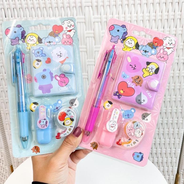 1 Set Alat Tulis 4In1 Buku Pulpen Highlighter Tape Bts Notebook Bt21 Murah Baru