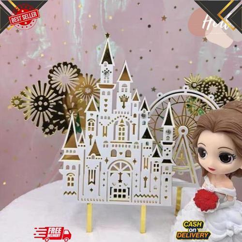 Cuci Gudang Topper Akrilik Castle Firework Ferris Wheel White Gold Kembang Api Bianglala Kastil Ista