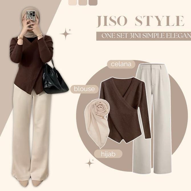 One Set 3in1 Korean Style | Blouse Jiso + Celana Kulot + Hijab | Setelan Remaja Kekinian - AM44N  Ba