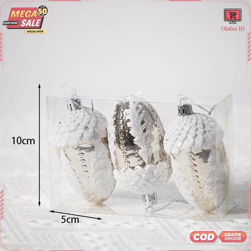 3pcs Hiasan Natal Silver Acorn Biji Pohon Ek ornamen Gantungan Pohon Natal Dekorasi Christmas Tree -