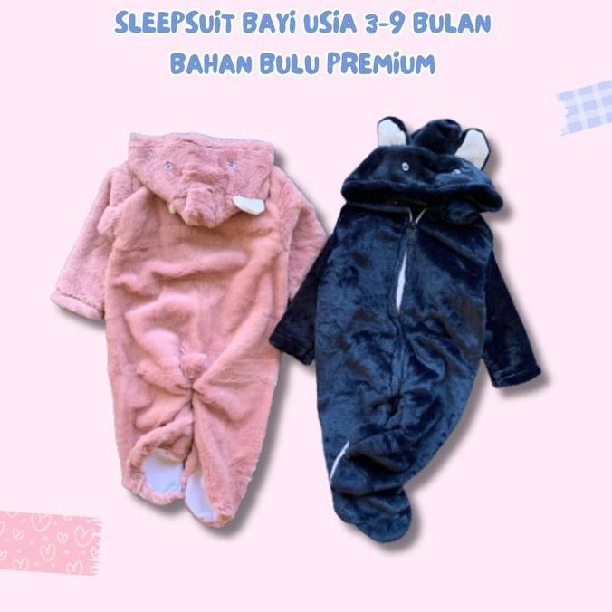 New- Sleepsuit Bayi Bahan Bulu Tebal Premium Pakai Hoodie Usia 3-9 Bulan Unisex Jumper Bodysuit Bayi