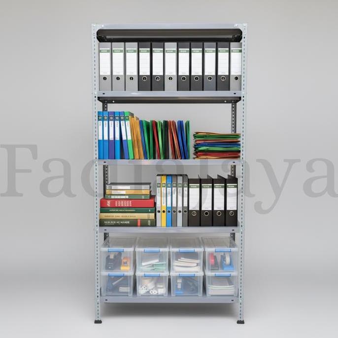 Rak Ambalan Besi Siku Lubang 5 Susun Tingkat Gudang Kayu Plastik Penyimpanan Rumah Kantor Warung War