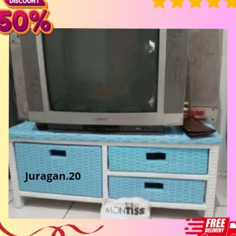 Meja Tv Rotan Sintetis Meja Rak Laci 3 Serbaguna