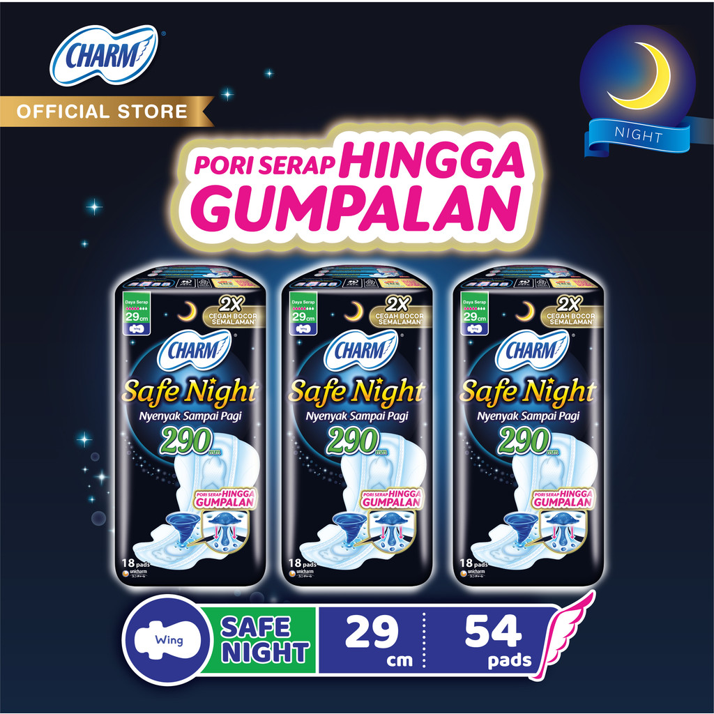 Charm Pembalut Safe Night 29cm Wing 18 pads - 3 Packs