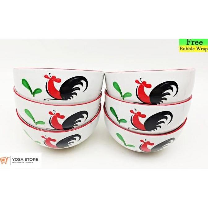 New- [Paket 6Pcs] Mangkok Keramik Motif Ayam Jago Siera Tebal Size 4 inchi