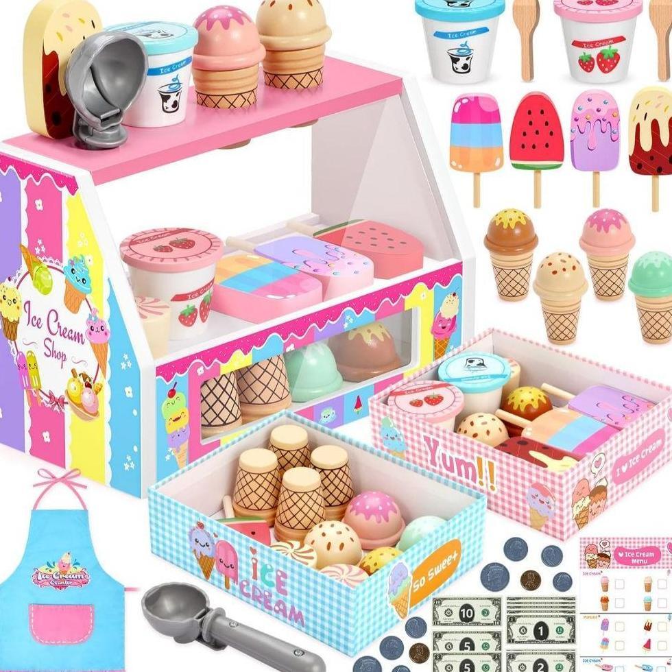 INNOCHEER Ice Cream Toy, Wooden Ice Cream Play Set, Pretend Play Kitchen Toys, Ice Cream Toys
