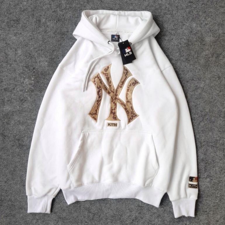 HOODIE LOGO NY BORDIR - JAKET SWEATER HOODIE HYPEBEAST MLB NEW YORK YANKEES AUTHENTIC PREMIUM PUTIH