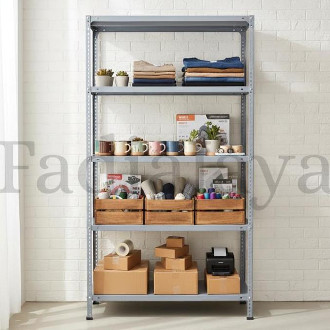 Terlaris Rak Ambalan Besi Siku Lubang 5 Susun Tingkat Gudang Kayu Plastik Penyimpanan Rumah Kantor W