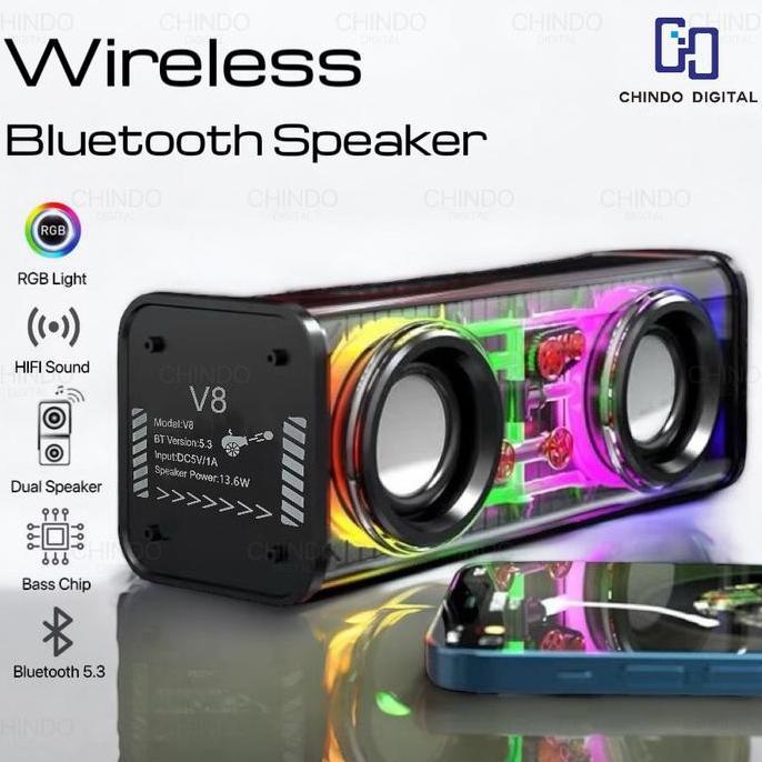 Speaker V8 Bluetooth Double Speaker Transparant Subwoofer Music Speaker Rgb Led Light Mecha Speker -