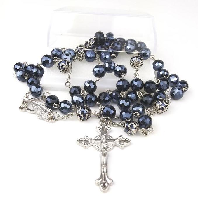 ] Rosario Kalung Crystal Kristal Lampion 8mm Harces Salib Logam Hitam