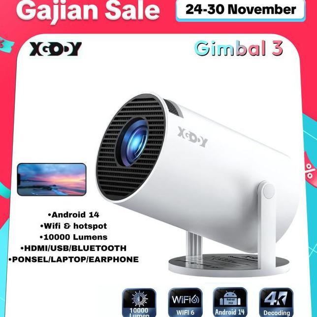 Xgody Gimbal 3 Smart Proyektor Lcd Android 14 720P Builtin Speaker Netflix 220 Ansi