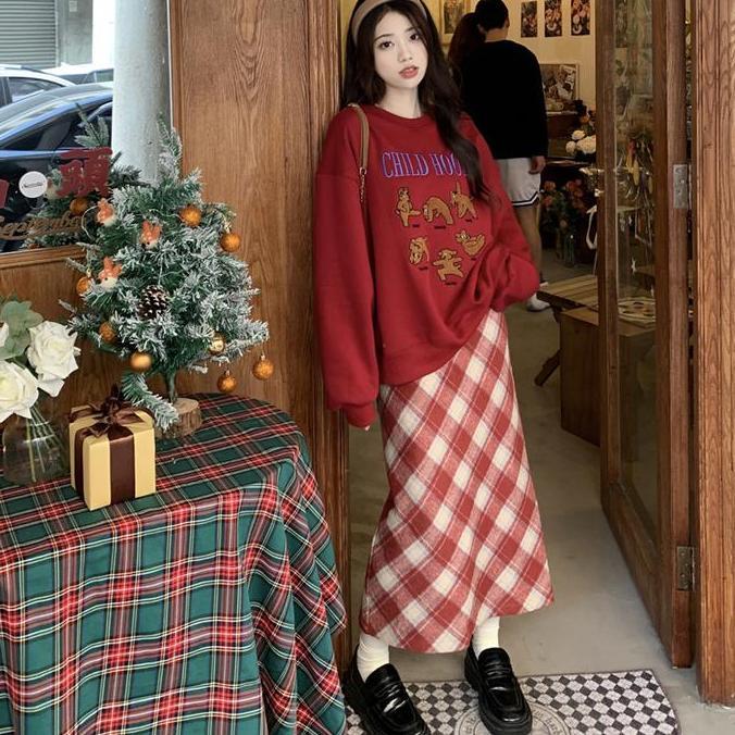 Rok Kotak-kotak Retro Pinggang Tinggi Temperamen Serbaguna Rok A-line Rok Midi Belahan Wanita Kulit 