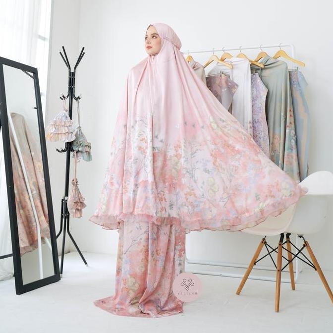 Veselka Mukena Dewasa Hawwa Signature Prayerset Jumbo Size With Sajadah Traveling Bunga Atasan Bawah