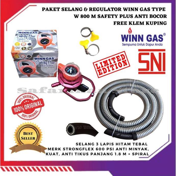 REGULATOR ANTI BOCOR KOMPOR GAS LPG MERK WINN GAS W 800 M SAFETY PLUS SET SELANG 3 LAPIS HITAM 600 P