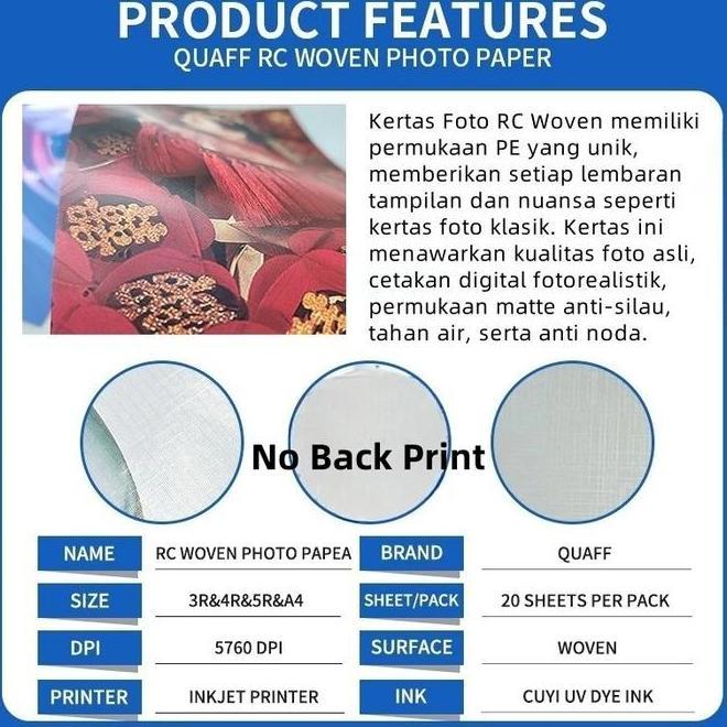 Quaff Rc Woven Photo R 260Gsm 20 Lembar A45R4R3R Kertas Foto Resin Tahan Air Uv Cetak 5760Dpi Cocok 