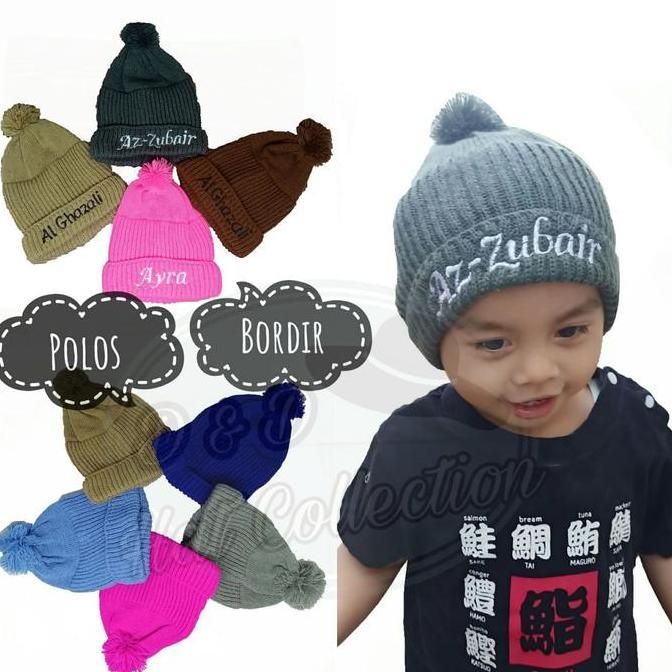 Topi Kupluk Rajut Bordir Nama Bayi Anak Balita Jambul murah